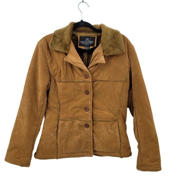 Vtg Oscar Piel Faux Suede Jacket Camel Faux Fur Lining Button Up S Boho Hippie - Picture 2 of 10